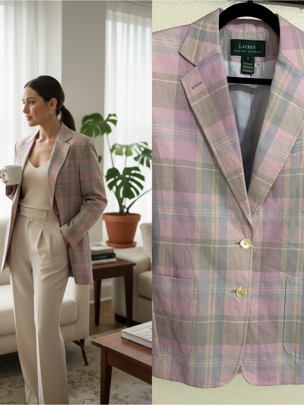 NWT Lauren Ralph Lauren 100% Linen Plaid Blazer Jacket Pastel Pink Blue  6 $220